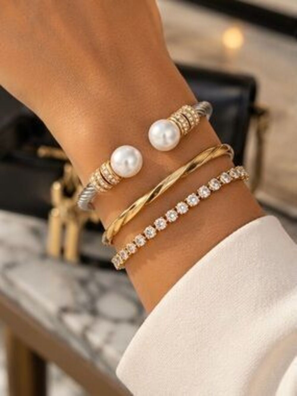 Pearl Pave Silver Cable Cuff Bracelet